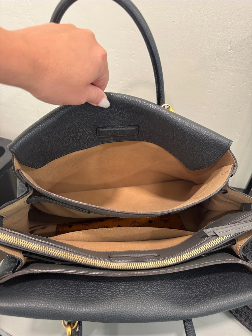 MCM Dark Gray Leather Satchel with Contrast Strap